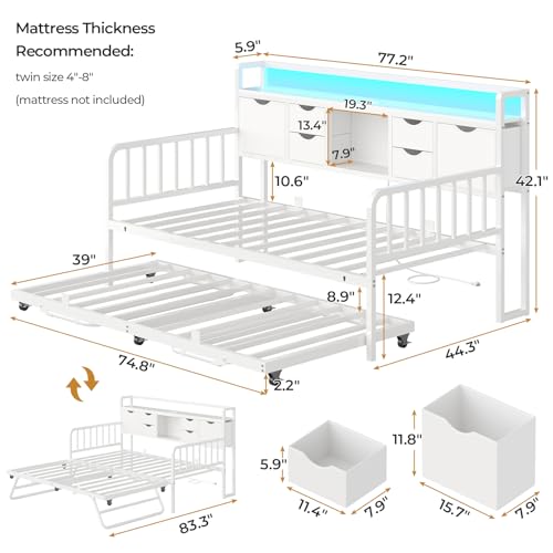 ADORNEVE Daybed with Trundle, Twin Day Bed with Storage Headboard & Charging Station, Height Adjustable Metal Trundle Bed Twin, Sofa Bed Frame for Living Room, Bedroom and Guest Room, White