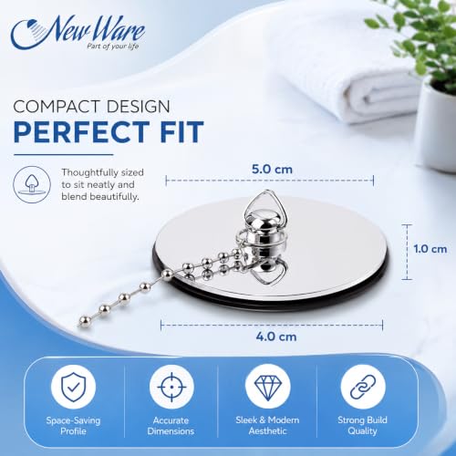 Image of NEW WARE 40mm Bath Tub Chain Drain Stopper | Bathroom Sink Basin Rubber Stopper with Metal Chain | Universal Fit Water Drain Cover for Wash Basin Bathtub Kitchen Sink Black Color Home Use Pack