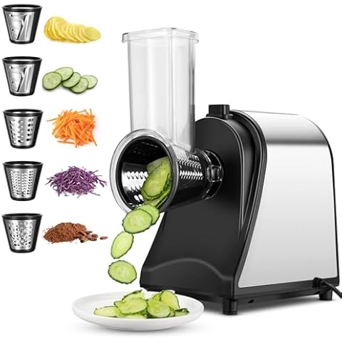 Homdox 250W Electric Cheese Grater, Electric Slicer Shredder, Salad Maker Electric Grater Electric Cheese Grater/Shredder with 5 Free Attachments, Ivory Cover