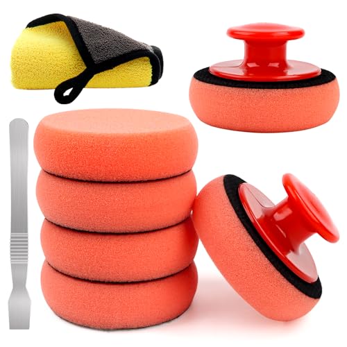 10 Stück Polierschwamm Auto Set Enthält 6 Stück 90mm Polierpad, 2 Stück Rutschfestem Griff, 1 Mikrofaser Poliertücher und 1 Polieren Schaber für Auto, Fahrzeug, Glas Polieren und Wachsen