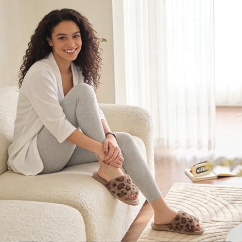 Image of GOEWY Women's Fuzzy Open-Toe House Slippers with Memory Foam - Leopard Print Cheetah Plush Cozy Cute Slipper Indoor /Outdoor Soft Slip On Slides Gifts for Women Mom Her Ladies