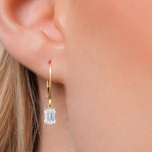Gem Stone King 14K Yellow Gold Gemstone Birthstone Leverback Drop Dangle Earrings for Women | Emerald Cut 6X4MM | Fine Gold Jewelry Earrings for Her Mom Wife3