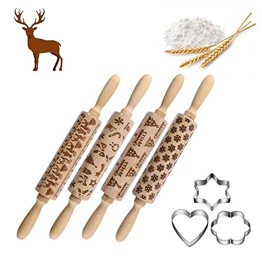 4Pack Christmas Wooden 3D Rolling Pins Embossed, Embossing Rolling Pin with Engraved Christmas Themed Symbols for Baking Embossed Cookies,Rolling Pin Kitchen Tool(14 in)