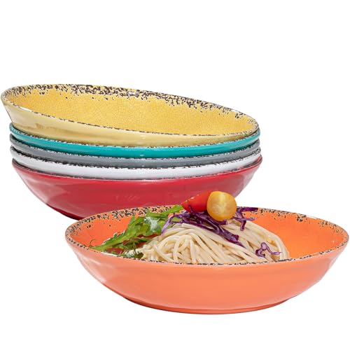 ZAROCRUS Vintage Pasta Bowl Melamine Pasta Bowls Set of 6 42 OZ Large Corlorful Serving Bowl for Kitchen Dishwasher Safe Salad Soup Fruit Dinner Bowls Shallow Pasta Plates. Multi-color