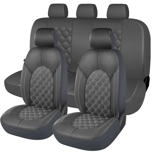 CAROMOP Luxury PU Leather Car Seat Covers Full Set-Waterproof Seat Protectors with Split Bench Seat Covers for Cars-Universal Cars Interior Covers for Sedans, SUVs, Pick-up Trucks(Gray/Gray Line)