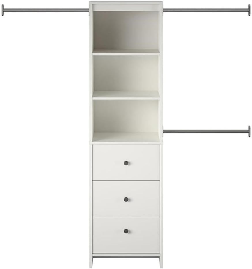 Pemberly Row Modern Closet Storage Organizer, White Finish, 76.73”H x 73.07-89.1”W x 15.71”D, Particleboard and Metal, Adjustable Clothing Rods, 3 Shelves, 3 Drawers, Wall Safety Anchor Included