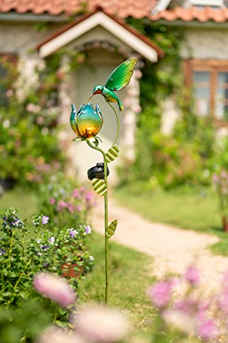 Teresa's Collections 41 Inch Glass Flower And Bird Pathway Solar Light For Garden Decor, Tulip And Hummingbird Decorative Outdoor Solar Stakes Yard Ornaments For Lawn Patio Porch Decorations #TOP2