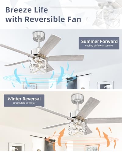 Image of YOUKAIN 42 Inch Ceiling Fans, Farmhouse Ceiling Fans with Lights and Remote, 5-Reversible Blades with Gray Oak /Brushed Nickel Finish, 42-YJ632-BNW