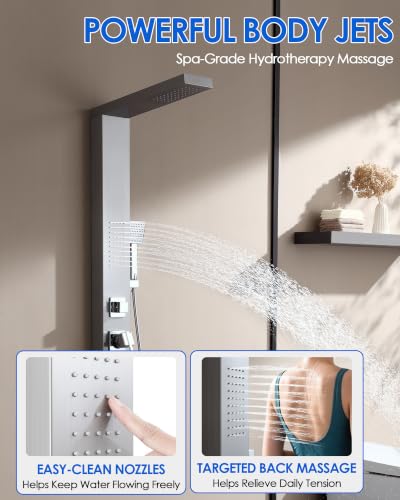 Image of ROVOGO Sleek Shower Panel Tower System, 4 Functions, 46-1 /2 inch H, Brushed