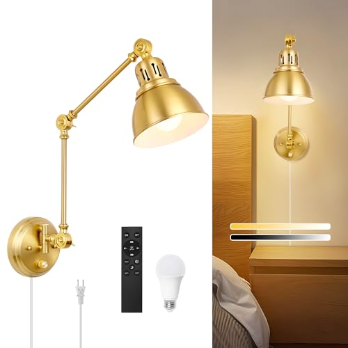 Image of 1 Pack Plug in Wall Sconce with Remote, Dimmable, Adjustable Colors, Swing Arm Wall Lamp, Plug in Wall Light with Timer & Night Light (Gold, with Bulb+Remote)