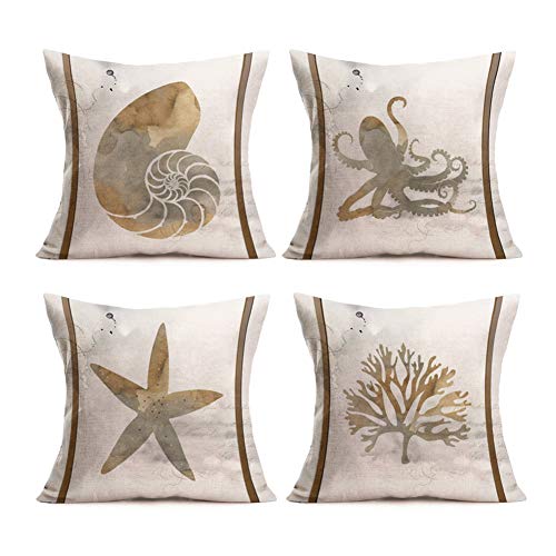 Smilyard 4 Pack Retro Sea Theme Throw Pillow Covers Cotton Linen Golden Conch Octopus Starfish Coral Print Decorative Pillowcase Coastal Country Cushion Cover for Couch 18x18 Inch (Sea Set)