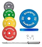 Strongway® Olympic 50KG 70KG 100KG Bumper Weight Plates Sets with 6FT 7FT Barbell - Colour Coded 2 Inch (2") / 50mm Hole - Rubber Coated Cast Iron (50KG SET + 7FT BAR)