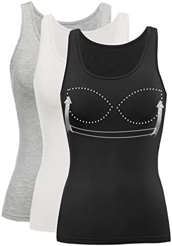 Tank Tops for Women with Built in Shelf Bra Casual Wide Strap Basic Camisole Sleeveless Top for Yoga Daily Wearing 3 Packs S (Black White Grey)