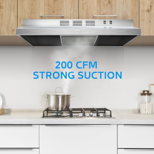Midea MVU30W2AST Range 30 Inch Under Cabinet Vent Ductless Convertible with Durable Stainless Steel, 200 CFM Kitchen Hood with 2 Reusable Filter, 2 Speed Exhaust Fan