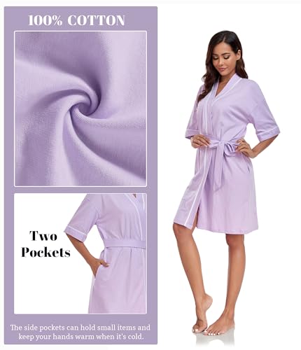 Image of ANLIQI Womens 100% Cotton Robes Lightweight Summer Short Sleeve Lady Bathrobe Knee Length Kimono Robe Sleepwear with Pockets