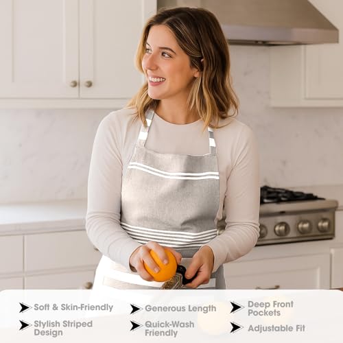 Image of Unisex Cooking Aprons | Waterproof Apron | Striped Design with 2 Front Pockets & Adjustable Neck Strap | Durable, Oil & Stain Resistant | Chef Apron for Cooking