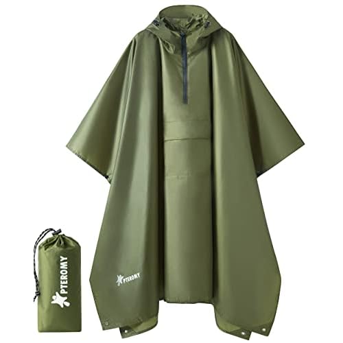 PTEROMY Hooded Rain Poncho for Adult with Pocket, Waterproof Lightweight Unisex Raincoat for Hiking Camping Emergency Green 1/4 Zipper