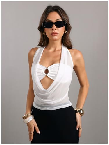OYOANGLE Women's Summer Sheer Halter Crop Top Y2K Sleeveless Mesh Top Going Out Clubwear3