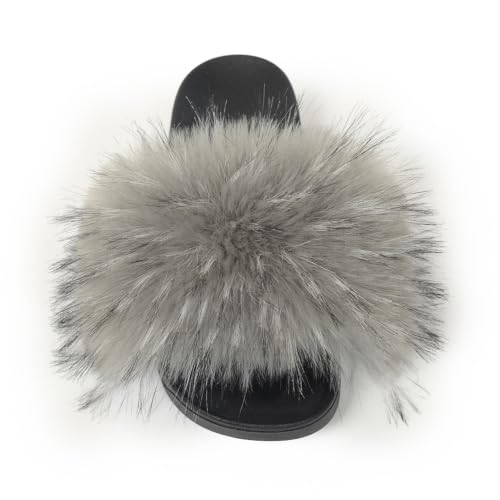 Image of Women's Faux Fur Slides Slippers Fluffy Fuzzy Sandals Open Toe Furry Slide Flip Flop Indoor Outdoor