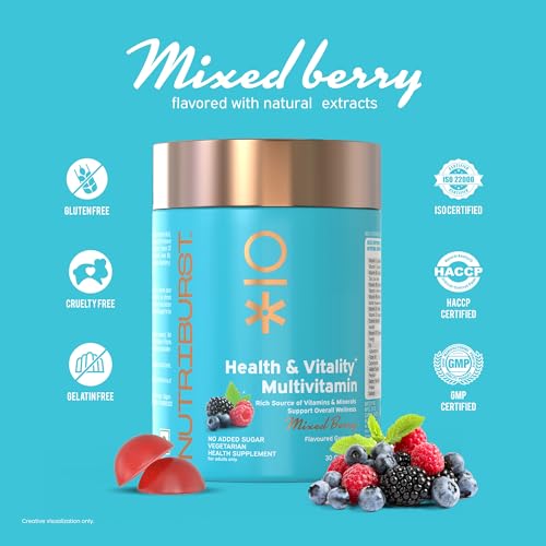Image of Nutriburst Health & Vitality Gummies with Multi Vitamins A, B, C, D, E & Biotin | No Added Sugar| Mixed Berry Flavor | No Added Sugar | 30 Gummy