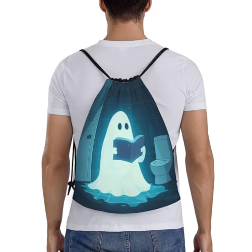 Drawstring Bag, Cute Ghost Reading In The Bathroom Design Durable Water Resistant For Sport,Travel - Lightweight Sackpack2