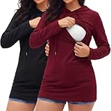Cutecrop 2 Pcs Women Nursing Hoodie Tops Long Sleeves Breastfeeding Maternity Sweatshirt Casual Clothes(Black,Burgundy Red,M)