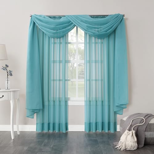 Image of No. 918 Emily Sheer Voile Rod Pocket Curtain Panel, Aegean Blue, 59 inchW x 84 inchL (1 Panel)