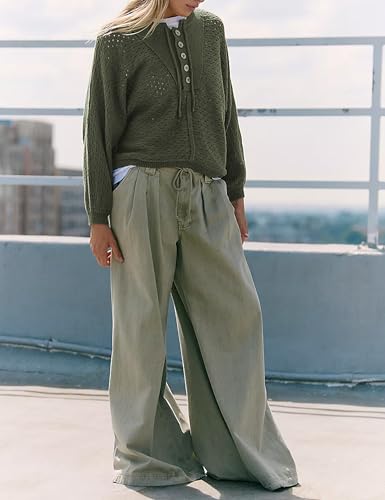 Image of Women Oversized Knit Sweatshirt Hollow Long Sleeve Button Drawstring V Neck Pullover Sweaters (Green-S)