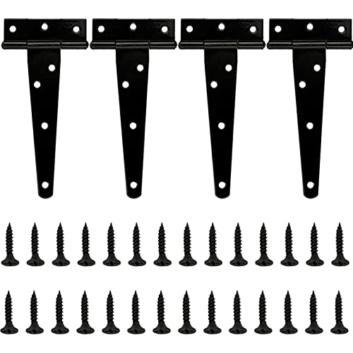 LAMXD 4 Pcs T Hinges, T-Strap Hinges, Metal Heavy Duty Gate Hinges, Tee Hinges with Screws for Sheds, Windows, Fence, Barn Gates Supplies (Black,6 Inch)