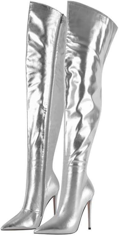 sexytag Women's Over The Knee Metallic Boots Stiletto Heel Pointed Toe Fashion Side Zipper Thigh High Boots