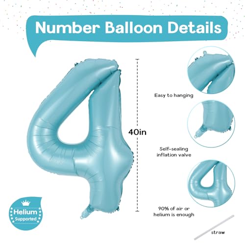 Image of 4 Balloons Number, 40 Inch Large Light Blue Number 4 Balloon, Baby Blue Foil Self Inflating Helium for Boys Kids 40th 15th Age Birthday Party Decorations Anniversary Party Decoration Supplies