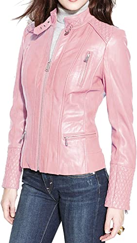Celebrity Women's Lambskin Leather Jacket Motorcycle Slim Fit Biker WJ007 - XS Pink
