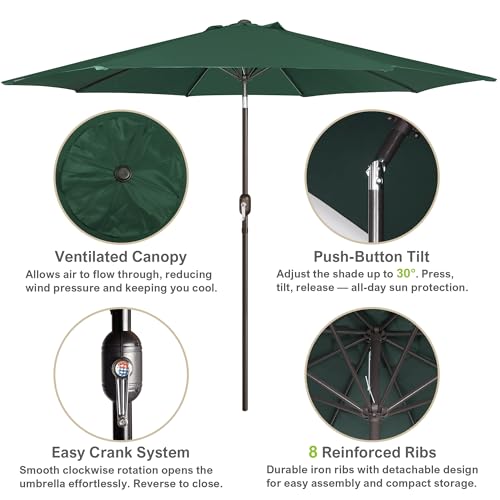 Image of Blissun 10FT Patio Umbrella, Outdoor Table Umbrella, Yard Umbrella, Market Umbrella with 8 Sturdy Ribs, Push Button Tilt and Crank, Dark Green