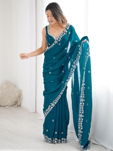 Image of Satrani Women's Tissue Silk Scalloped Border Sequins Embroidery Saree with Unstitched Blouse Piece