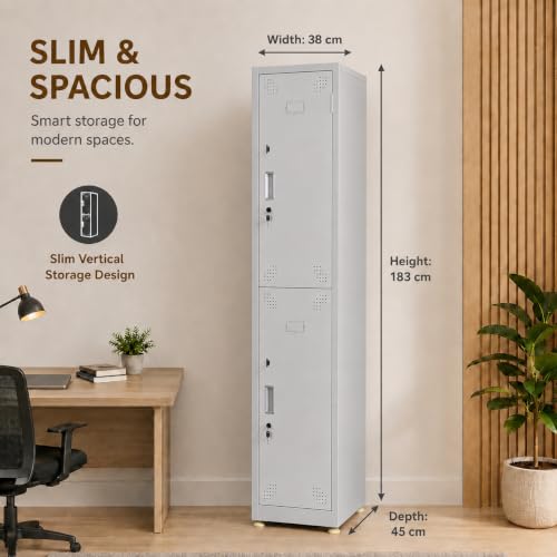 Image of Amazon Brand - Solimo 2 Door Steel Staff Locker Cabinet | Heavy Duty Lockable Storage Cupboard for Office Gym School Hostel Home | Powder Coated Metal Personal Storage Locker (Grey)