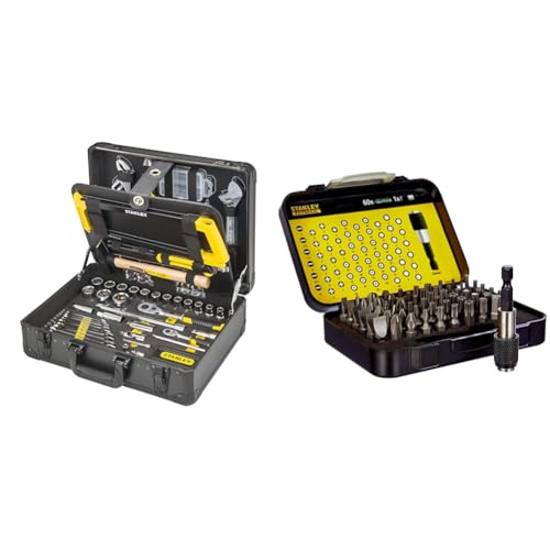 STANLEY Valise de Maintenance - 142 Pièces - Pinces et coupe-touts, clé à molette, niveau & Coffret de 61 Embouts 1/4 (25mm) + mallette - Porte Douille Adaptateur 50mm - Porte embout magnétique 60mm