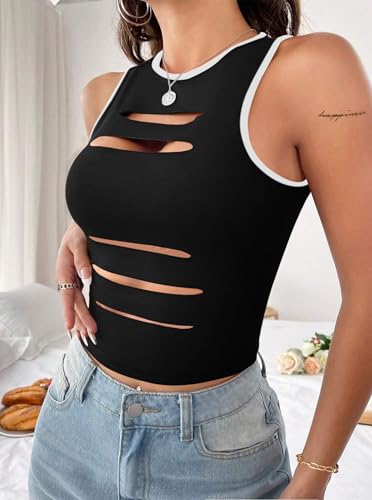 Image of LovelyWholesale Women Sexy Cut Out Crop Tank Tops Crew Neck Summer Sleeveless Top