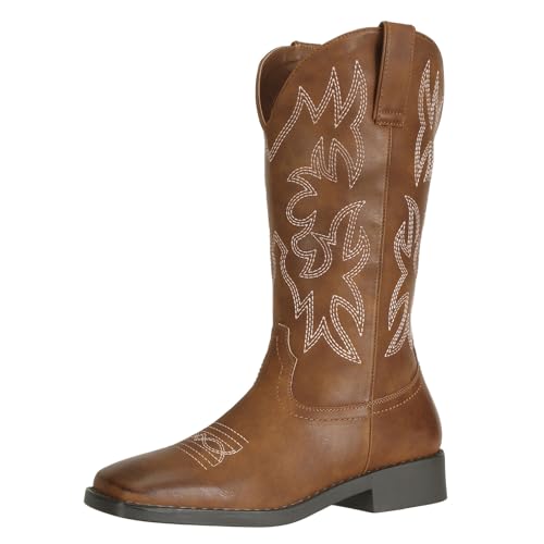 Image of SheSole Cowboy Boots for Women Western Cowgirl Boots with Embroidered Mid Calf Fashion Chunky Heel Square Toe Country Boot