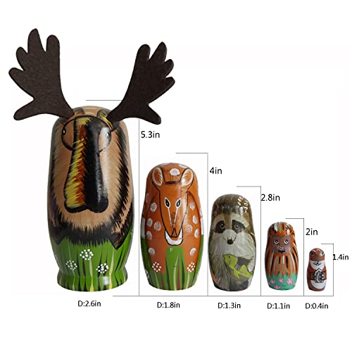 Magic Wood Russian Nesting Dolls Handmade Cute Cartoon Animals Pattern Wooden Matryoshka Dolls For Kids Nesting Doll Toy Stacking Doll Set Of 5 (Moose) #TOP5
