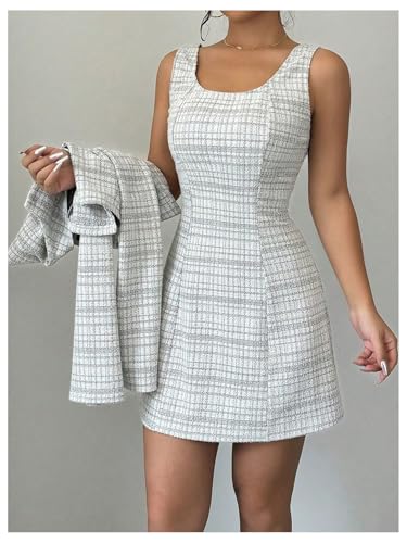 Image of SOLY HUX Women's 2 Piece Outfits Plaid Long Sleeve Button Down Cropped Jacket and Sleeveless Mini Dress Sets