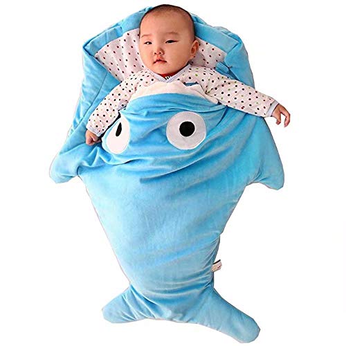Saco de dormir con diseño de tiburón de dibujos animados, muy cómodo, antipatadas, para recién nacidos, manta para bebé, ropa de cama, cochecito, asiento de coche, 34 pulgadas azul azul