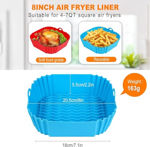Image of 2 Reusable 1 Round and 1 Square 8 inch Silicone Air Fryer Liners for 3-5 QT Fryers,Non Stick Foldable Liners Airfryer Parchment Liner with Free 9 Inch Tongs with Silicone Tip