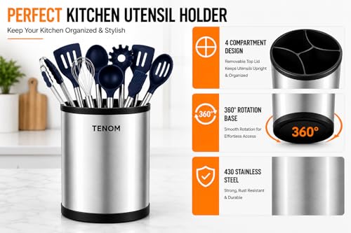Image of TENOM Spoon Holder, Spoon Stand For Kitchen Steel, Cutlery Stand, Spoon Organiser For Kitchen, Cutlery Holder, Ladle Holder, Spatula Holder (Cylinder)