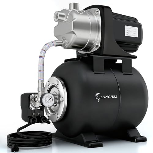 LANCHEZ 1.6HP Shallow Well Pump with Pressure Tank, 115V 1340GPH Automatic Irrigation Water Booster Jet Pump, Stainless Steel Water Transfer Pump for Home Garden Lawn Sprinkler Irrigation, Matte
