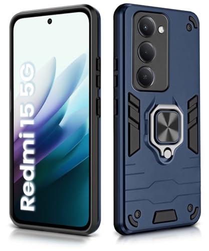 Image of WOW IMAGINE Shock Proof Back Case Mobile Cover for Mi Redmi 15 5G | Back Cover Case (Tough Armor | Hybrid PC + TPU | Ring Holder & in-Built Kickstand | Blue)