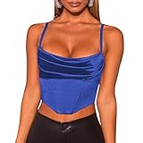 Kolagri Women's Shapewear Corset Top Sexy Cowl Neck Satin Bedazzled Bustiers Cami Tops with Straps Y2k Night Out Outfits Blue L