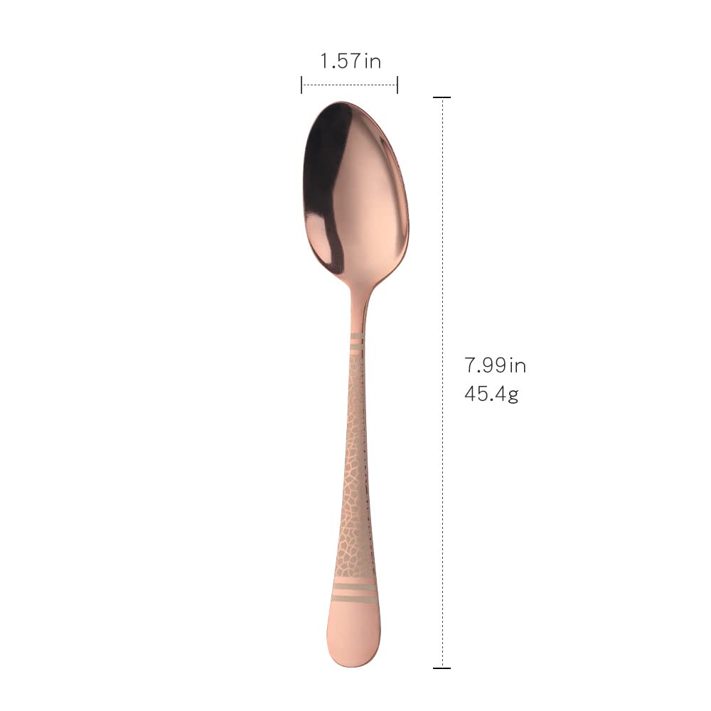 Qiborun Hammered 12-Piece Stainless Steel Dinner Spoons, Stainless Steel Titanium Dinner Spoons Set, Table Spoon Modern Dessert Spoons Mirror-Polished- 8 Inches, Rose Gold
