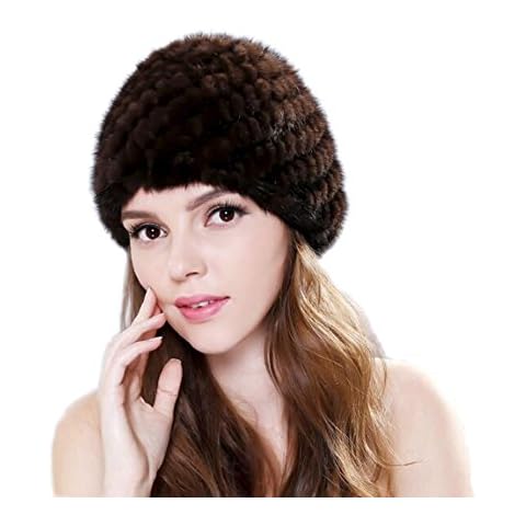 Betonsa Women Winter Mink Fur Hat Knit Beanie Skull Cap Fashionable Luxurious Warm Hats Coffee Cover