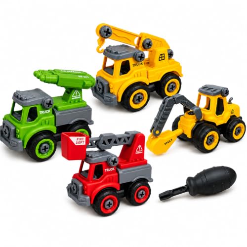 Image of TEC TAVAKKAL 4 in 1 Construction Vehicle Toys for Kids, DIY Assembly Engineering Truck Set with Screwdriver, Crane, Excavator, Missile Launcher & Fire Truck, Educational Toy (Set of 4 Vehicle Toys)