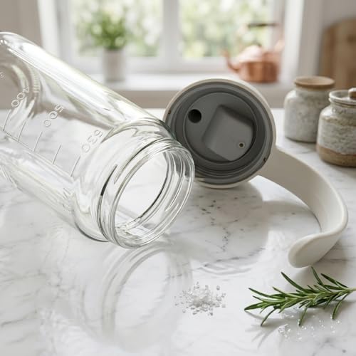 Image of MUAC 630ml Glass Oil Dispenser Bottle with Handle & Flip Lid - Leakproof Kitchen Oil Pourer with Measurement Markings - Cooking Oil, Olive Oil, Vinegar & Sauce Bottle for Kitchen (Any color will do)